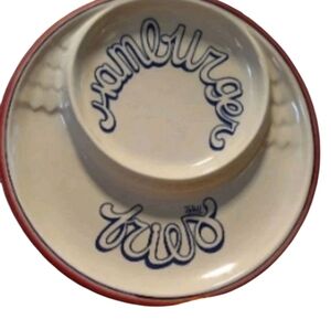 Artistic Cream and Blue Plate with Red Rim